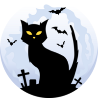 halloween katt med fladdermöss flygande och måne i mörk natt