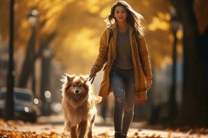 young woman walking her dog in the park in autumn day, AI Generated photo