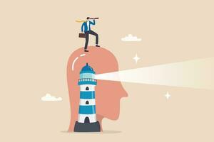 Vision, business discovery or searching for success, challenge to see future guidance, looking for career path or strategy concept, businessman look on telescope, head with lighthouse guidance light. vector