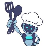 Robot chef holding spatula and spoon. Robot chef mascot vector