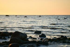 atardecer, Roca playa con pequeño y grande rocas en frente de el iluminado mar. foto