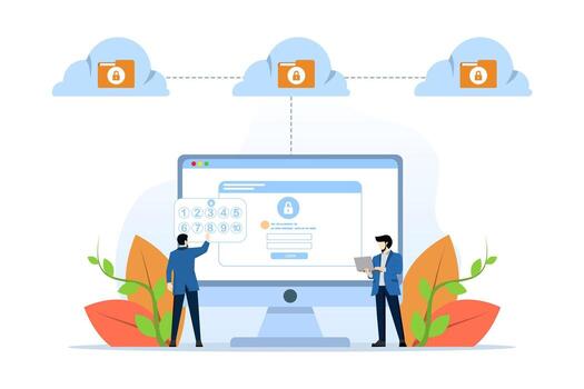 business cloud storage server network security concept, with password lock to enter web administration on monitor concept. with characters accessing cloud data, flat vector illustration design.
