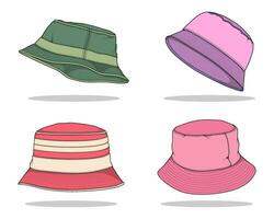 set of color full bucket hat drawing vector, color full bucket hat in a sketch style,  template color full for training, vector Illustration.