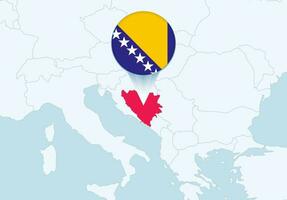 Europe with selected Bosnia and Herzegovina map and Bosnia and Herzegovina flag icon. vector