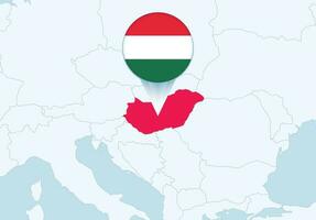 Europe with selected Hungary map and Hungary flag icon. vector