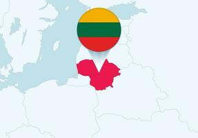 Europe with selected Lithuania map and Lithuania flag icon. vector