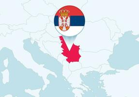 Europe with selected Serbia map and Serbia flag icon. vector