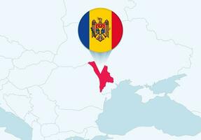 Europa con seleccionado Moldavia mapa y Moldavia bandera icono. vector