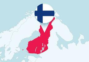 Europa con seleccionado Finlandia mapa y Finlandia bandera icono. vector