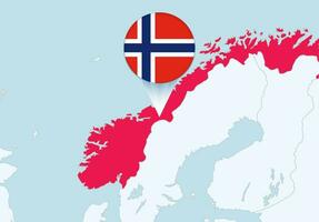 Europa con seleccionado Noruega mapa y Noruega bandera icono. vector