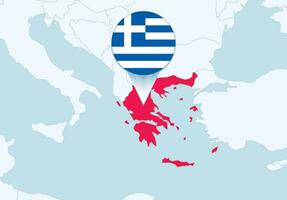 Europa con seleccionado Grecia mapa y Grecia bandera icono. vector