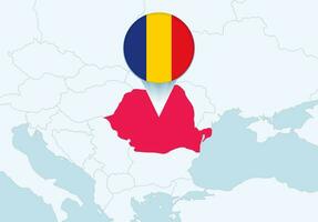 Europe with selected Romania map and Romania flag icon. vector