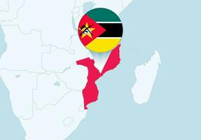 África con seleccionado Mozambique mapa y Mozambique bandera icono. vector