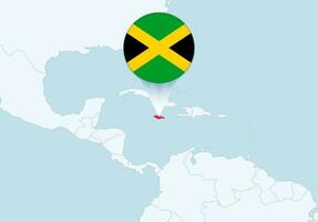 America with selected Jamaica map and Jamaica flag icon. vector