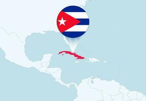 America with selected Cuba map and Cuba flag icon. vector