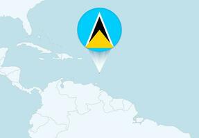 America with selected Saint Lucia map and Saint Lucia flag icon. vector