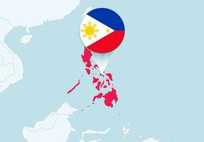 Asia con seleccionado Filipinas mapa y Filipinas bandera icono. vector