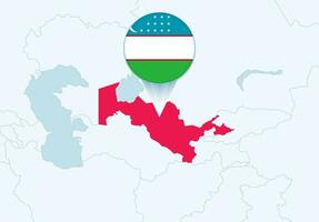 Asia con seleccionado Uzbekistán mapa y Uzbekistán bandera icono. vector