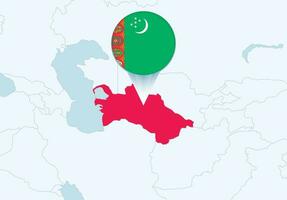 Asia con seleccionado Turkmenistán mapa y Turkmenistán bandera icono. vector