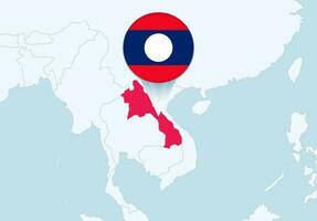 Asia con seleccionado Laos mapa y Laos bandera icono. vector