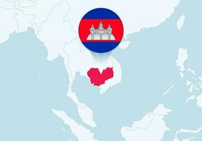 Asia con seleccionado Camboya mapa y Camboya bandera icono. vector