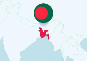 Asia with selected Bangladesh map and Bangladesh flag icon. vector