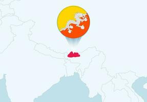 Asia with selected Bhutan map and Bhutan flag icon. vector