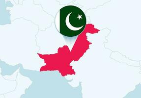 Asia con seleccionado Pakistán mapa y Pakistán bandera icono. vector
