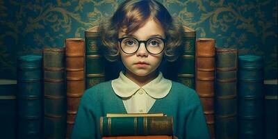 adorable inteligente niña con lentes participación un apilar de libros en azul antecedentes - ai generado foto