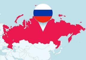 Asia con seleccionado Rusia mapa y Rusia bandera icono. vector