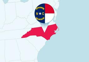 United States with selected North Carolina map and North Carolina flag icon. vector