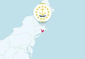 United States with selected Rhode Island map and Rhode Island flag icon. vector