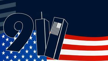 Number with illustration of a tall building on American flag animation, 2d animation, 4k, animation background video