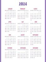 Calendar 2024 year. Week starts on Sunday. Design for planner, printing, stationery, organizer. vector