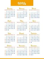 Calendar 2024 year. Week starts on Sunday. Design for planner, printing, stationery, organizer. vector