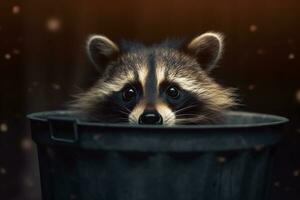 Cheeky Raccoon Peeking Out of a Trash Can with Mischief in its Eyes AI generated photo