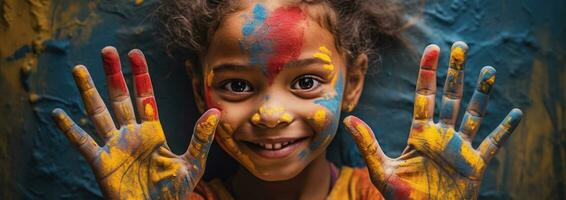 Adorable Little Girl with Painted Face and Hands Showing Her Colorful Hands - AI generated photo