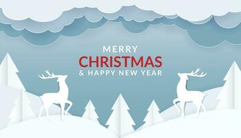 Winter landscape with deer paper cut-out and fir trees in snow. Festive horizontal banner with text Merry Christmas. Vector paper clouds and snowdrifts