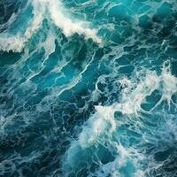 Awe-Inspiring Aerial View of Turbulent Blue Waters with Waves and White Foam Crests - AI generated photo