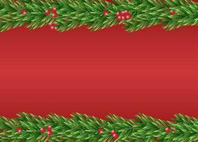 Background withborder of realistic looking Christmas tree branches decorated with berries and Christmas tree branches. Christmas banner. Vector