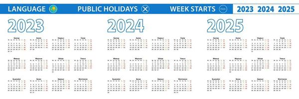 Simple calendar template in Kazakh for 2023, 2024, 2025 years. Week starts from Monday. vector
