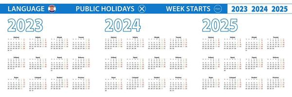 Simple calendar template in Croatian for 2023, 2024, 2025 years. Week starts from Monday. vector