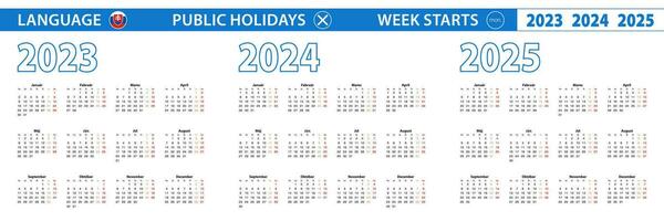 sencillo calendario modelo en eslovaco para 2023, 2024, 2025 años. semana empieza desde lunes. vector