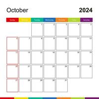 October 2024 colorful wall calendar, week starts on Sunday. vector