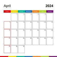 April 2024 colorful wall calendar, week starts on Sunday. vector