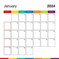 January 2024 colorful wall calendar, week starts on Sunday. vector