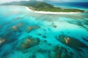 Breathtaking Aerial View of Pristine Crystal-Clear Turquoise Waters, Coastline, and Sandy Beach - AI generated photo