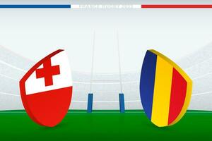 Match between Tonga and Romania, illustration of rugby flag icon on rugby stadium. vector