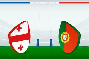 Match between Georgia and Portugal, illustration of rugby flag icon on rugby stadium. vector