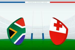 Match between South Africa and Tonga, illustration of rugby flag icon on rugby stadium. vector